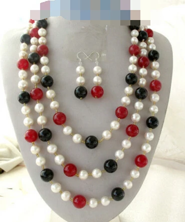 

208 Natural White Round FW Pearl&Red Jade&Onyx Necklace 925 Silver Earrings Set