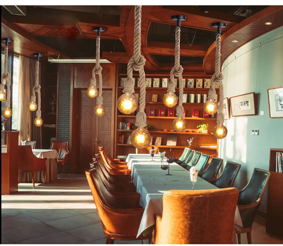 EeeToo Vintage Rope Pendant Lights Single Double Head Modern Ceiling Pendant Lamps Hand-woven E27 Loft Hanging Light Fixture (8)