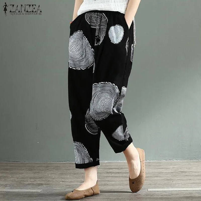 Tanie Dorywczo lniane spodnie damskie spodnie ZANZEA 2019 nadruk w stylu vintage Polka Dot Pantalon kobiece spodnie w pasie rzepa Plus rozmiar