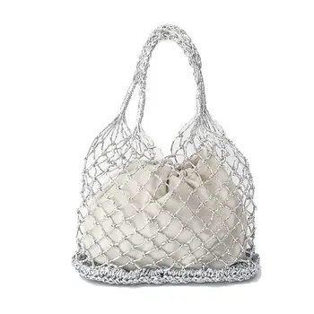 Gold silber 2 farbe helle papier seile hohl woven handtasche baumwolle futter stroh tasche weibliche Reticulate handtasche netted strand tasche — изображение 3