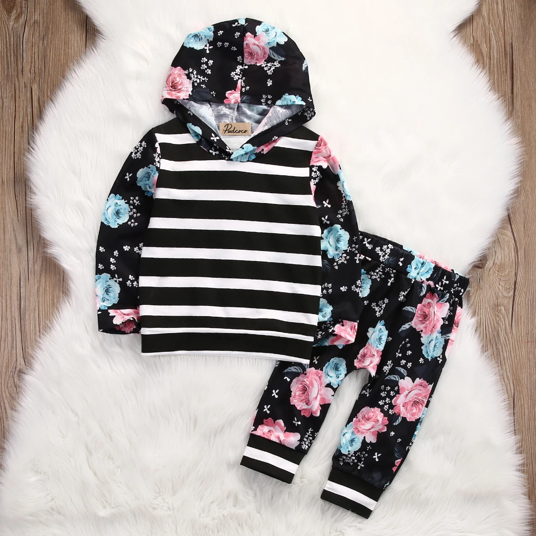 

Autumn Kids Baby Girls Floral Stripe Hooded Tops Sweatshirt+Pants 2pcs Outfits Clothes Set Long Sleeve Hoodie Top Flower Pants