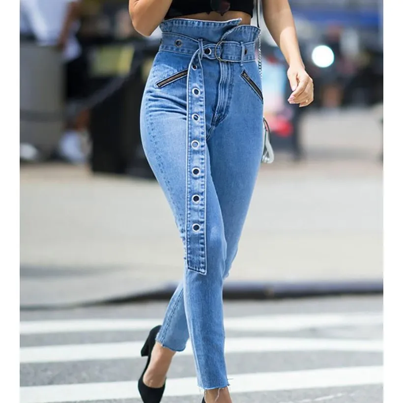 

2019 New Fashion High Waist Zipper Pencil Jeans Women Casual Sashes Denim Trousers Skinny Female Slim Elastic Overalls