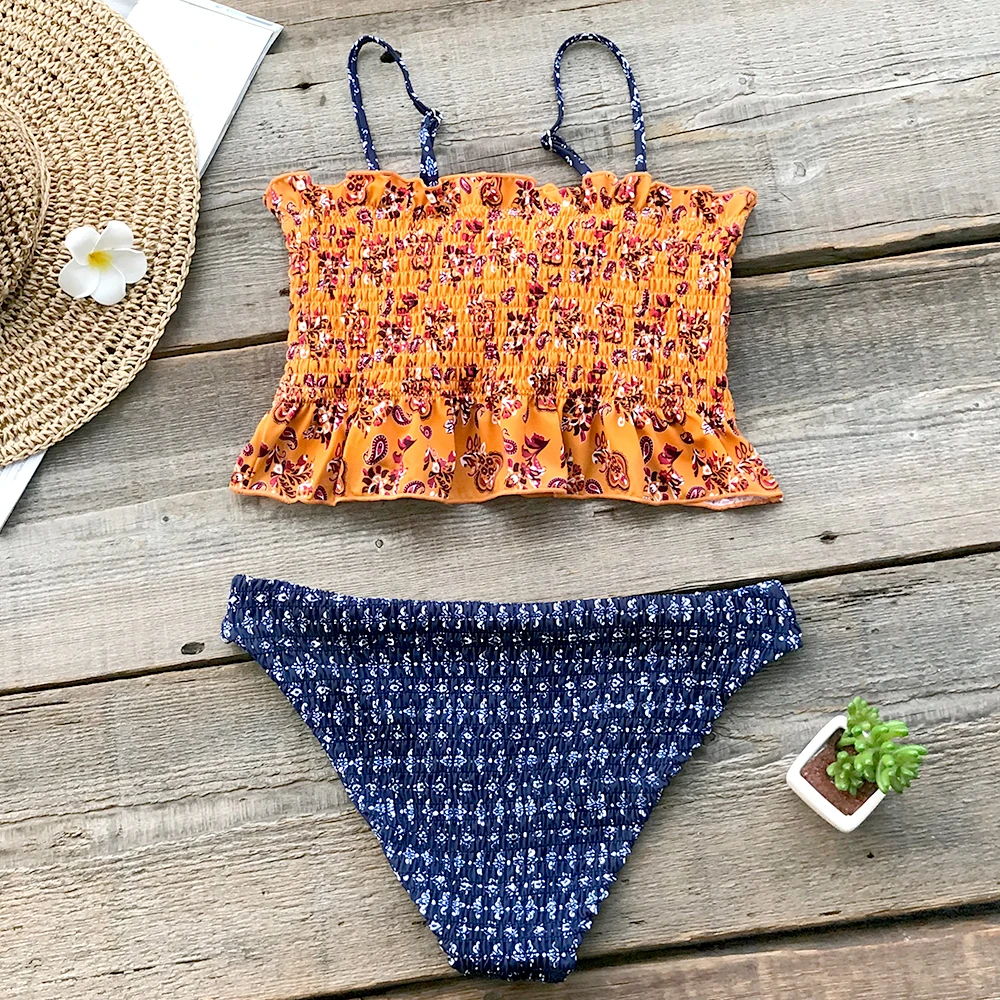 high waisted smocked bikini