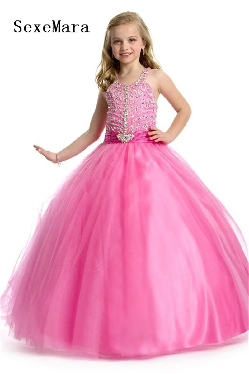

Luxury Shiny Beading Crystals Flower Girl Dresses Ball Gown Puffy Tulle Pageant Dress Birthday Gown for girls vestidos Any Size