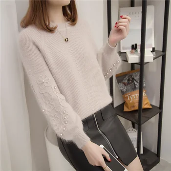 

2019 Rhinestone Ans Faux Fur Embellished Cuff Jumper Grey Crew Neck Casual Pullovers Autumn Elegant Long Sleeve Sweater