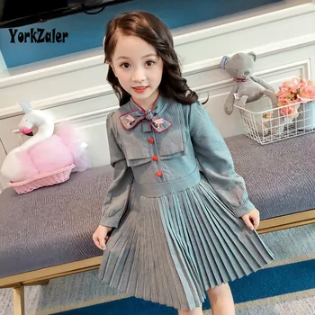 

Yorkzaler Girl Princess Pleated Dresses Blue Long Sleeve Embroidery Party Dress For Wedding Spring Autumn Stripeed Clothes