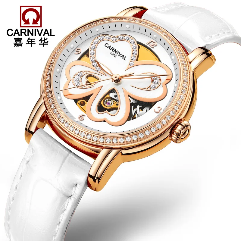 CARNIVAL Fashion Women Watches Leather High end Tourbillon Mechanical Watch Women Luminous