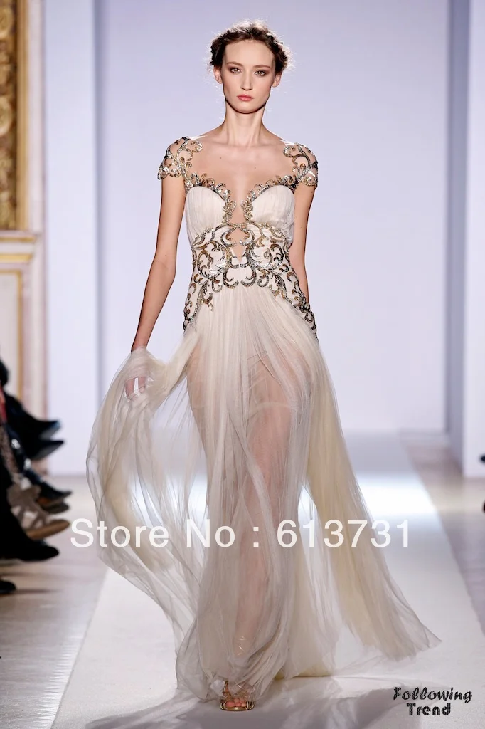 Cap Sleeves Gold Appliqued Tulle Champagne Evening Dresses Zuhair Murad Haute Couture Spring 2013 | Свадьбы и торжества