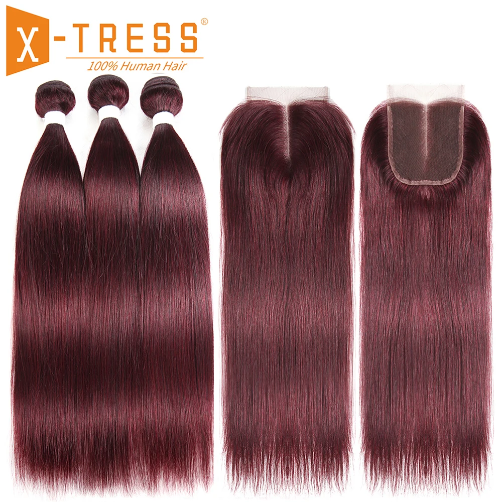 99J/Burgundy Red Colored Human Hair Weave Bundles With Lace Closure 4x4 Brazilian Straight Non Remy Hair Weft Extensions X-TRESS