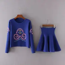 2016 fall long sleeved sweater heavy embroidery Beaded sweater two suit skirt high waist skirt