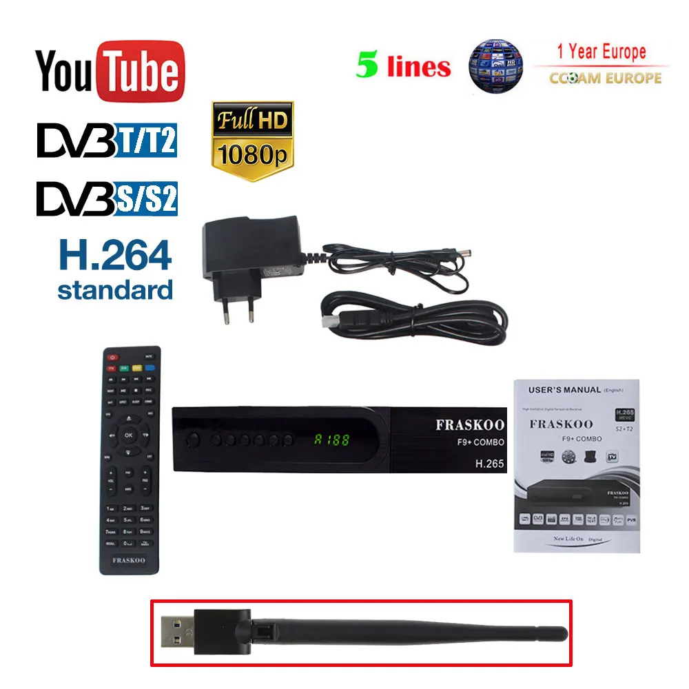 

FRASKOO F9 Plus COMBO Digital Satellite Receiver TV Tuner DVB T2 DVB-S2 Full HD 1080p with USB WIFI H.265 Wifi 3G Youporn