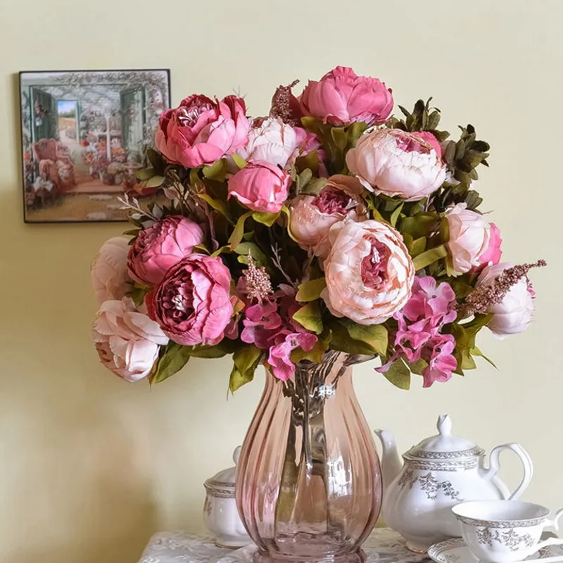 1 Bouquet Silk Flower European Artificial Flowers Bridal Decor Fall Vivid Peony Fake Leaf