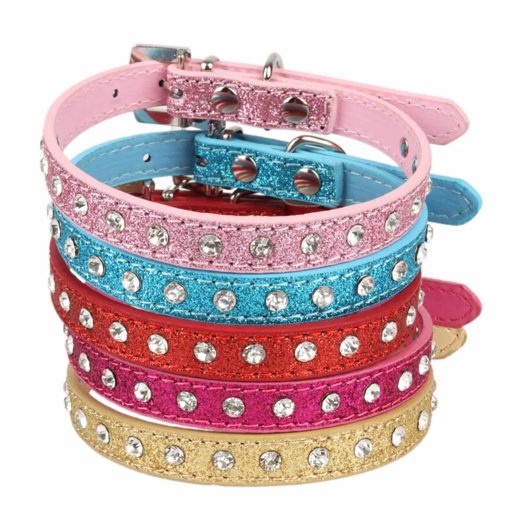 Small Medium Dogs Collars Rhinestones Glittering Skin PU Leather Collar