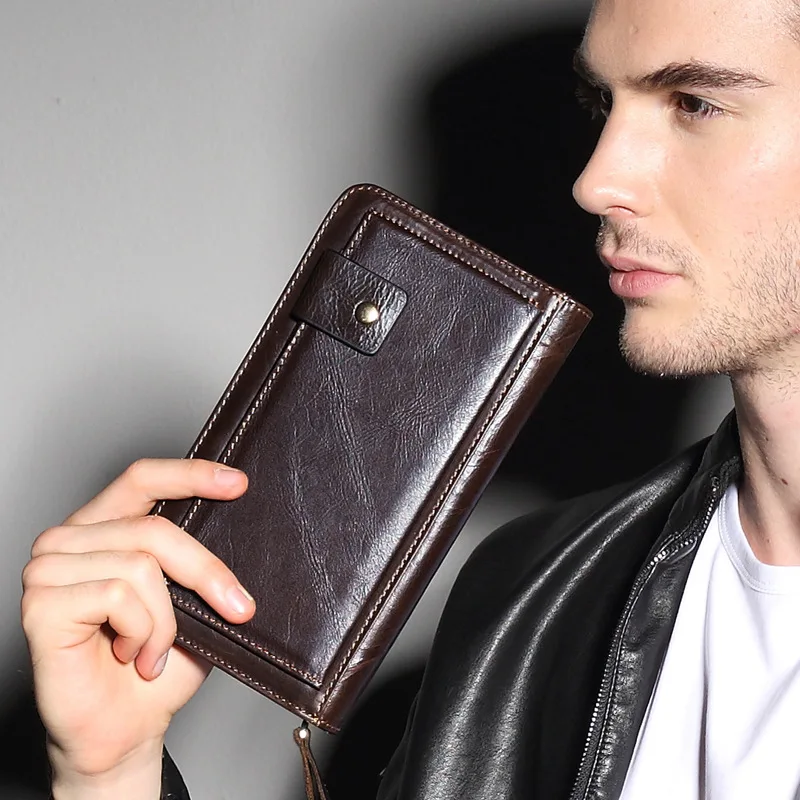 

Men Oil Wax Genuine Leather Long Purse Zipper Wallet Hand Bag Business Hand Bag Card Bit Mobile Phone Holder Clutch Bag Brown