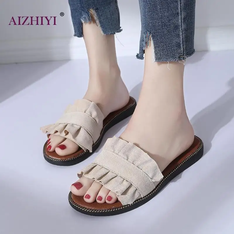 

Women Summer Slippers Sandals Word Non-Slip PU Fashion Casual Solid Shoes Female Single Sandals Non-slip Fashion Sandals
