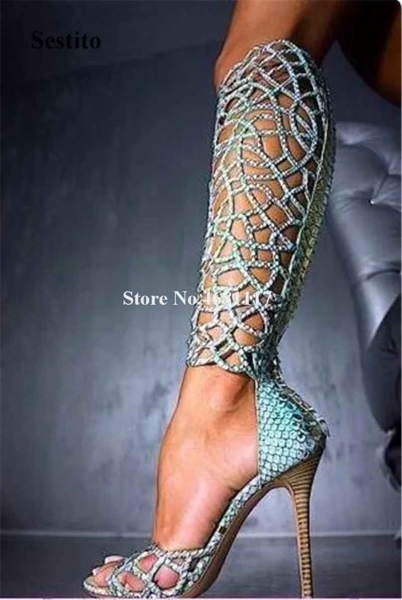 

Charming Women Fashion Open Toe Rhinestone Knee High Thin Heel Gladiator Boots Cut-out Carved Long High Heel Sandal Boots
