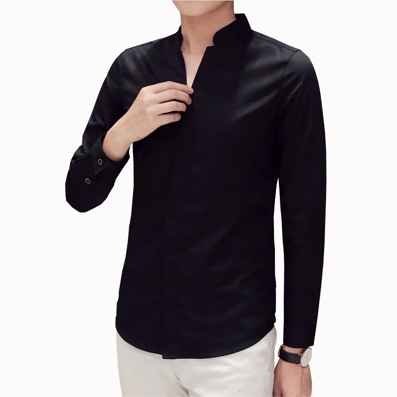 Men shirts Fashion V Neck Men Dress Shirt Long Sleeve camisa masculina