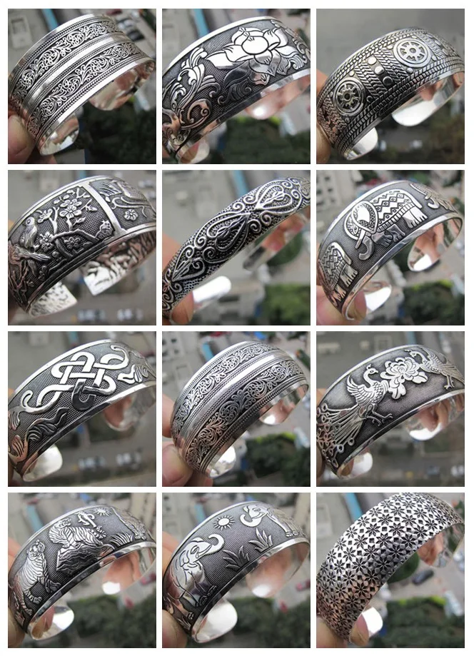 Vintage Tibetan Cuff Bangle Carved Open Wide Bracelet Jewelry Antique Silver Bohemian Bangle For Women Men Retro Fashion New