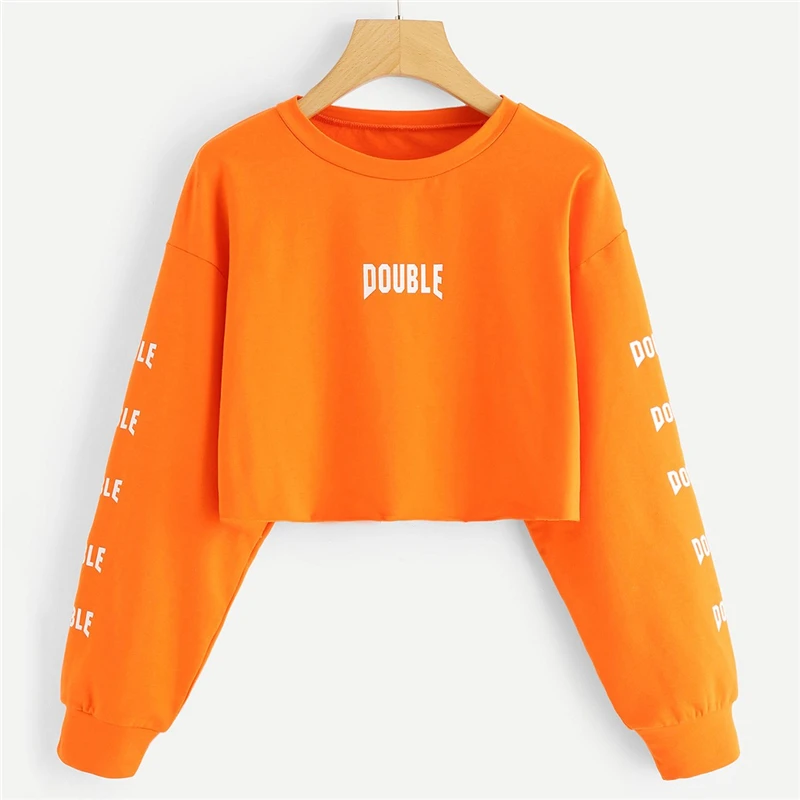 ROMWE, оранжевая футболка с буквенным принтом, Женская Повседневная Осенняя новая дизайнерская одежда с круглым вырезом и длинным рукавом, весенний женский пуловер