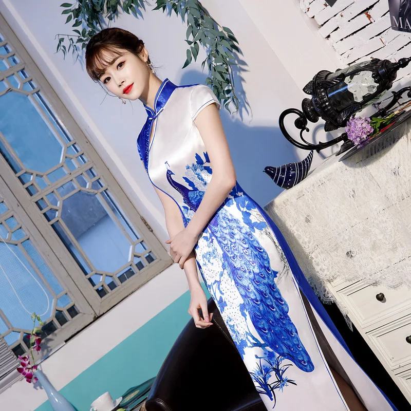 Горный хрусталь Винтаж Дамы печати китайский традиционный длинный Qipao тонкий классический воротник стойка сценическое шоу элегантное женское платье-Ципао