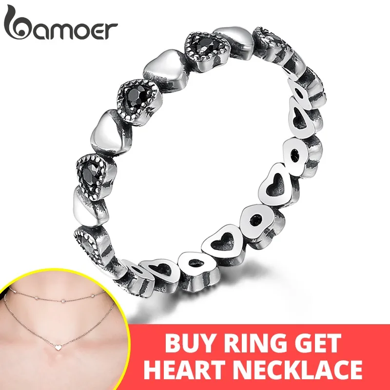BAMOER Genuine 925 Sterling Silver Stackable Ring Heart Black CZ Finger Rings for Women Wedding Anniversary Jewelry Anel SCR140