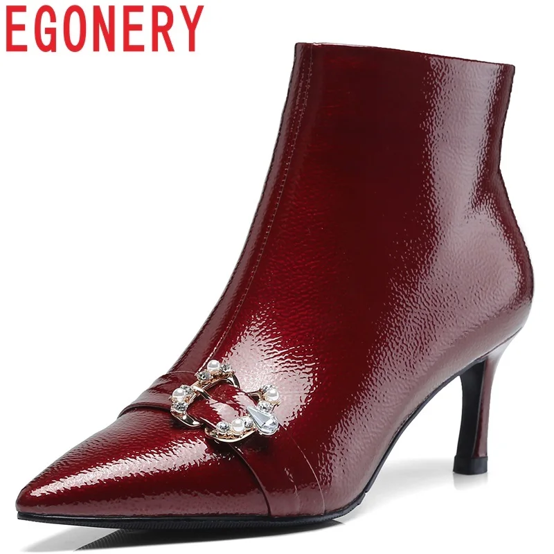 

EGONERY women shoes 2018 winter new fashion sexy pointed toe zipper super high thin heels patent leather black and red booties