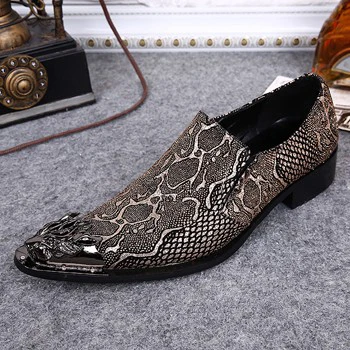 Плюс Размеры роскошные мужские из натуральной кожи Лоферы острый носок без шнуровки питона рисунком обувь металлическим наконечником Для мужчин; повседневная обувь SL302 - Цвет: Коричневый