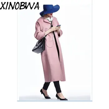 

New Winter Women High Street Fashion Double-Side Cashmere Long Mandarin Collar Coat Female Casual Slashes Woolen Blends Outwear