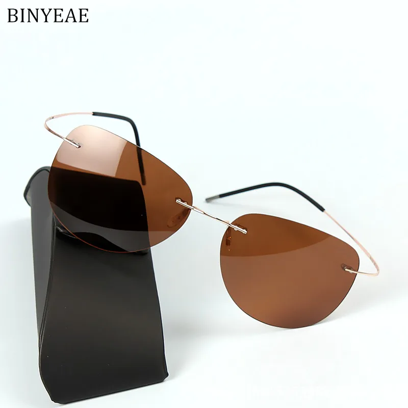 BINYEAE Pure titanium polarized sunglasse Men driving frameless