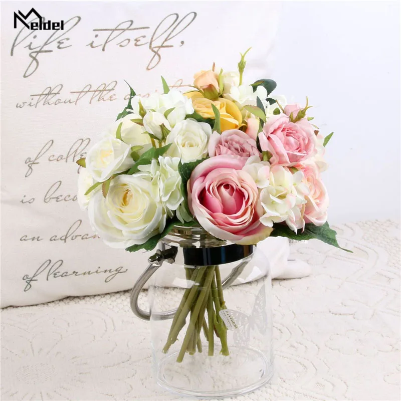 Meldel Свадебный букет невесты букеты роз искусственная Шелковая Роза цветок розовый Свадебные принадлежности DIY украшения для домашнего