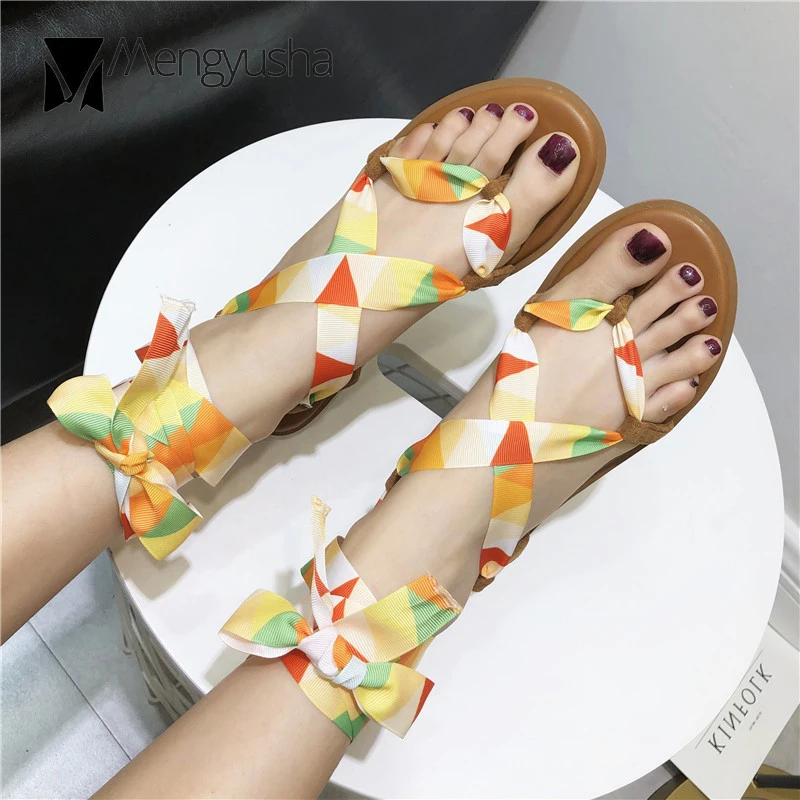 

rainbow/plaid riband lace up beach sandals women flat heel cross-tied gladiator sandalias mujer designer slippers sandels c914