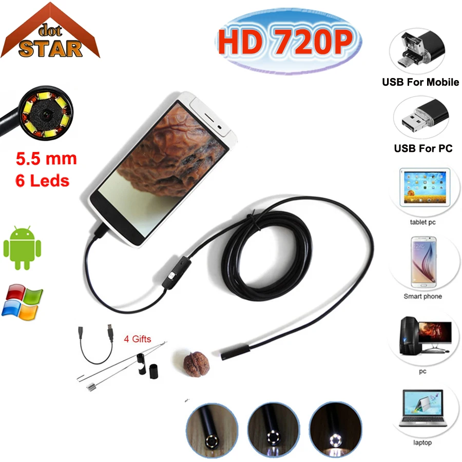 

Stardot Endoscopio USB 5.5mm 5M 6LED Micro Android Endoscope Camera Pipe Inspection OTG USB Android Phone Borescope Mini Camera