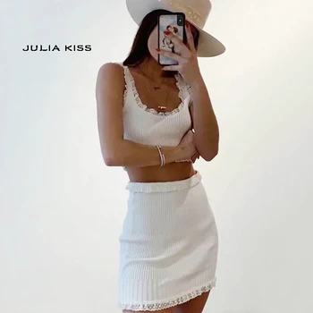 

Women Ribbed Knit Tank Top With Lace & Mini Skirt Co-ord