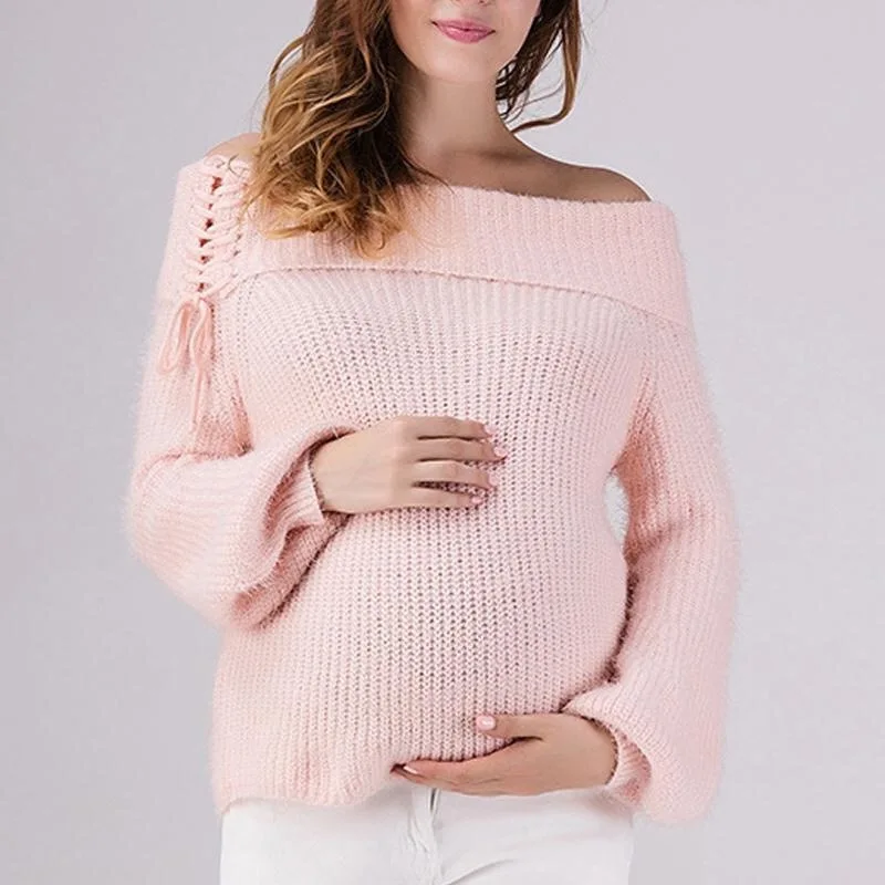 Свитер со шнуровкой на одно плечо, Весенняя и осенняя блузка для беременных, женская одежда, топы для беременных женщин, Однотонный свитер - Цвет: Розовый