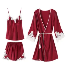 Летний Мини шелковый халат комплект Сексуальная кружевная бейка ночная рубашка 3 шт кимоно купальный костюм платье элегантный однотонный атлас ремень+ халат+ брюки пижамы