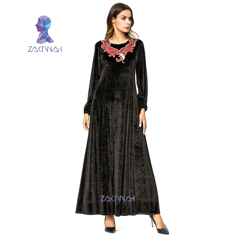 

Elegant Embroidery Velvet Maxi Dress Kimono Urban Long Robe Gowns Loose Muslim Jubah Ramadan Islamic Clothing