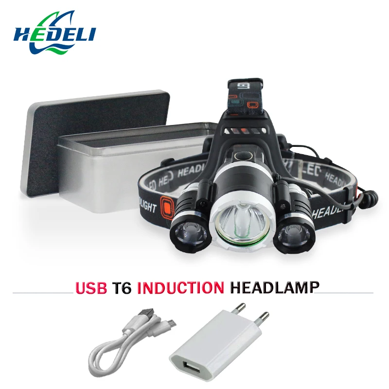 

very powerful headlamp Sensor headlight 3 cree xml t6 led head flashlight 18650 Rechargeable battery headlights head light