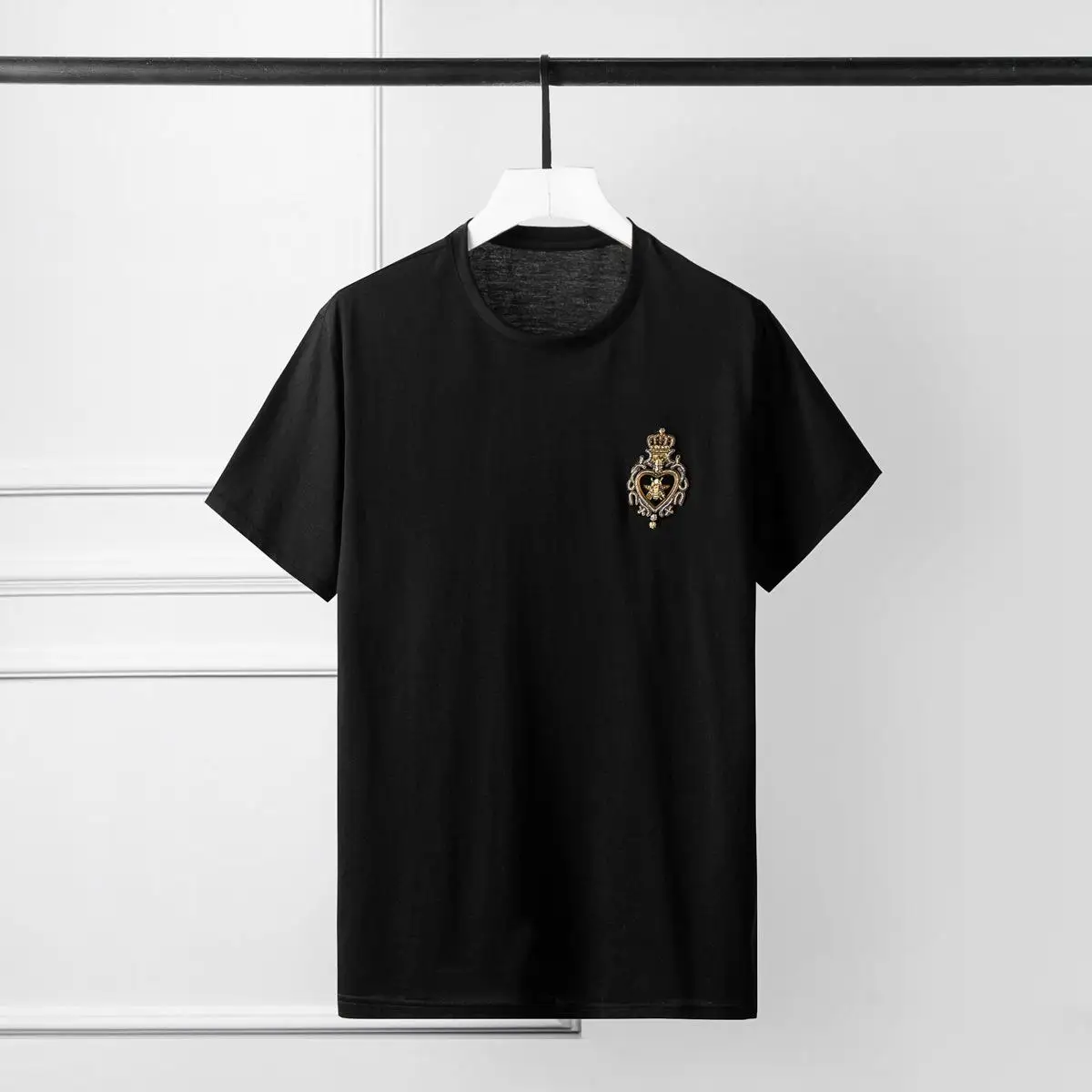 BLACK Хлопок мужские s футболки роскошная Корона короткие рукава, с бисером круглый мужской воротник футболки Плюс Размер 4xl модная повседневная тонкая футболка - Цвет: BLACK