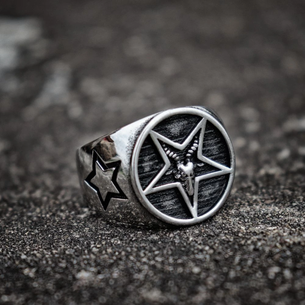 

Gothic Satan Devil Five Stars Goat Stainless Steel Rings Punk Pentagram Biker Jewelry