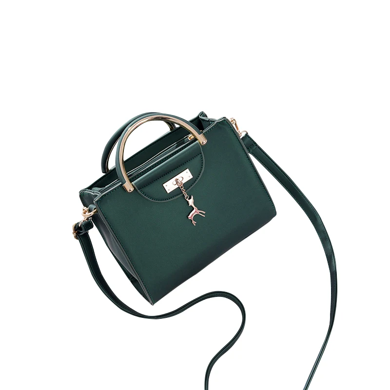 

Women's PU Leather Metal Pendant Handbags Brief Design Solid Crossbody Messenger Bag Litchi Pattern Ladies Shoulder Bags