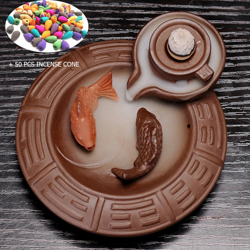 2 Cattles конусная горелка для благовоний с обратным потоком фиолетовая Глина Керамическая Будда курильница для благовоний+ 50 шт. конус для благовоний S