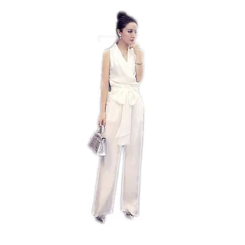 

2019 Summer Women Sleeveless V Neck Bow Sashes Slim Jumpsuit Female OL Style Elegant Palysuit Lady Party Streetwear Overall Z218