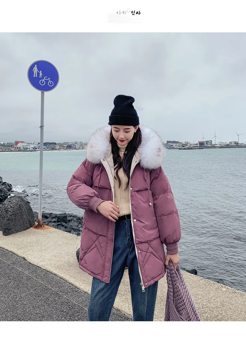 Candy colors winter coat women fashion large fur collar hooded thick warm jacket women Medium long parka outwear plus size