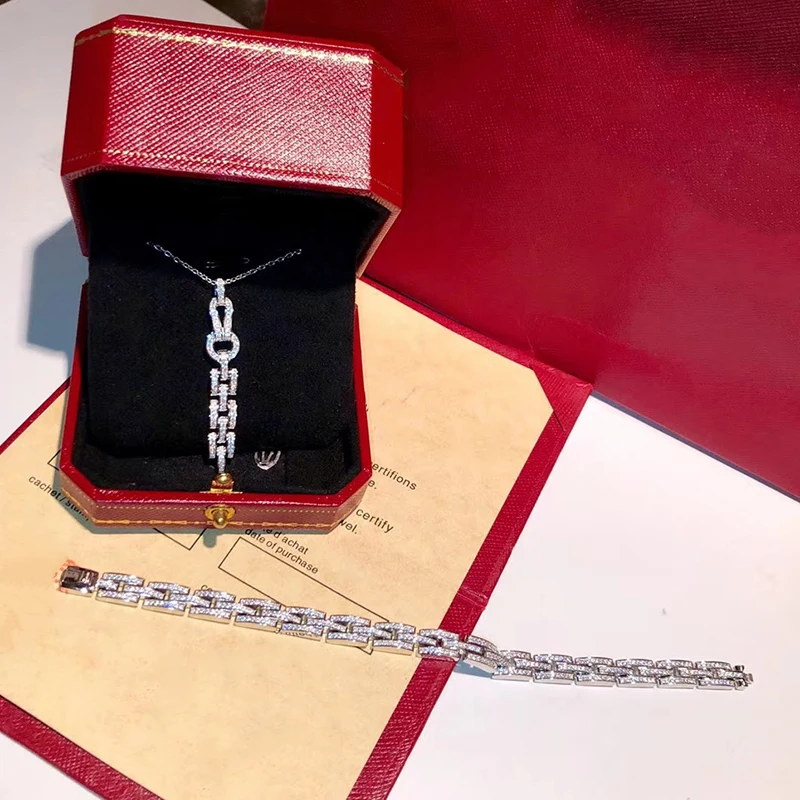 

Hot Brand Pure 925 Sterling Silver Jewelry For Women Men Letter Round Lock Jewelry Set Silver Bangle Necklace Set France Quality
