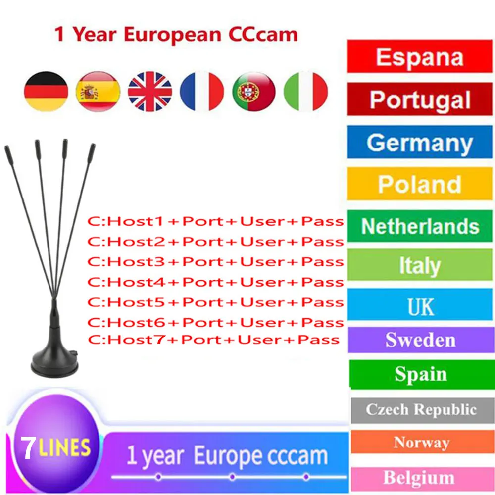 

Spain Receptor Cccams lines for 1 year spain used for freesat v7 DVB-S2 CCcam Cline satellite receiver europe channels 7 lines