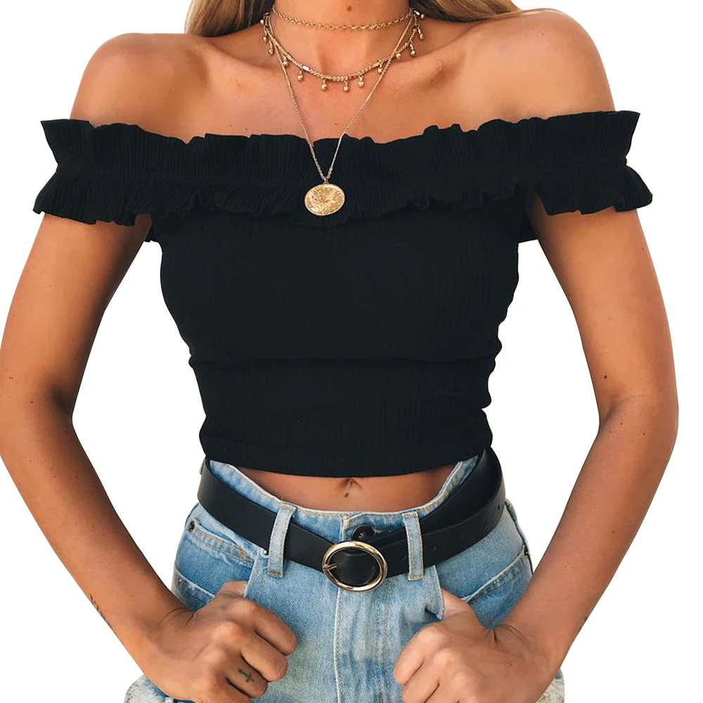 

Causal Off Shoulder Slim Solid Slash Neck Short Top Crop Tops Female Ruffle Sexy Lumbar T-shirt 2018 Summer Pullover Tops