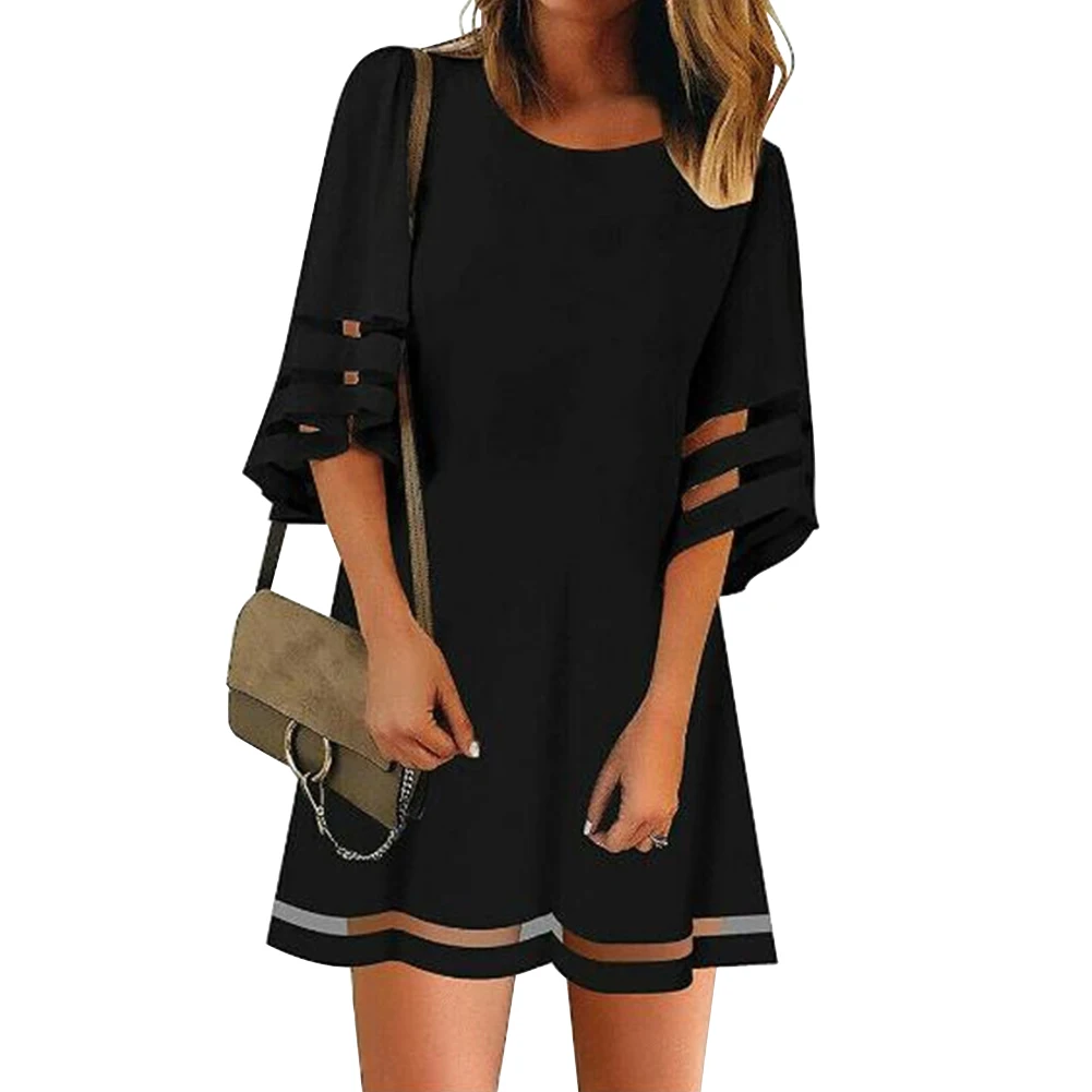 

Fashion Daily Loose Summer Flare Sleeve Mini Women Dress A Line Casual Splice Ladies Shopping Crew Neck Dating