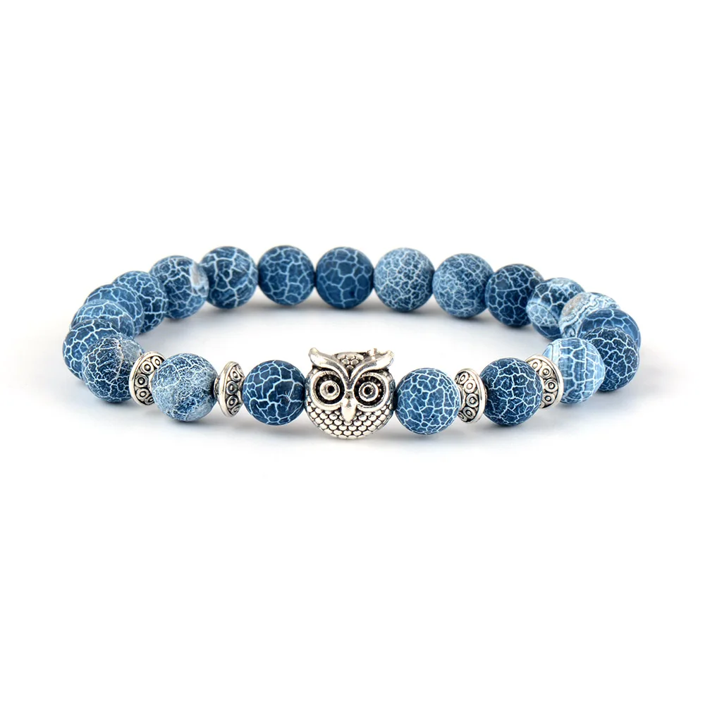 

Men Women Bracelet 8MM Frosted Matte Onyx Owl Charm Elastic Stretch Bracelets Unisex Beads Bracelet Punk Couples Gifts