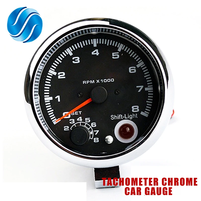 

DRAGON GAUGE 95mm 3.75 Inch Tachometer Chrome for 7 LED Colors Adjustable 12V Car Gauge 3 3/4" Meter 0-8000 RPM TAC Shift-Light