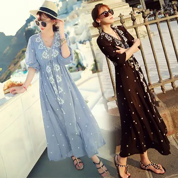 

2018 women V neck bohemian Dress for pregnant Women Maternity Dress for Pregnancy Clothes Cotton embroidery Dress